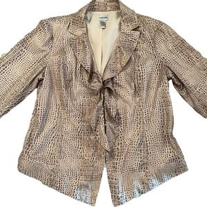 CHICOS Tan Brown Animal Print Ruffled Front Jacket Size 2 (12-14) Lightweight